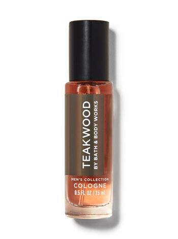 Bath & Body Works Teakwood mini cologne label close-up for on-the-go refreshment.