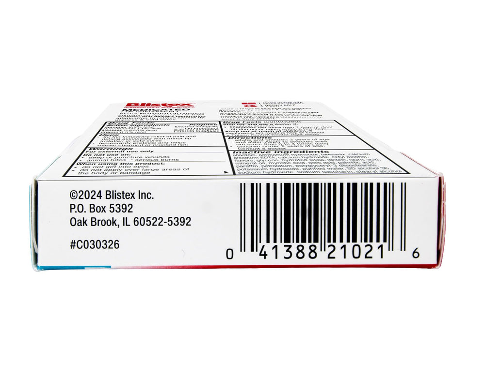 Side view of Blistex Lip Ointment packaging highlighting benefits.