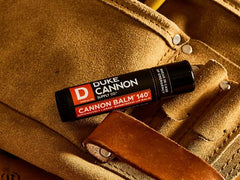 SPF 30 label and premium ingredients featured on Duke Cannon Balm packaging.
