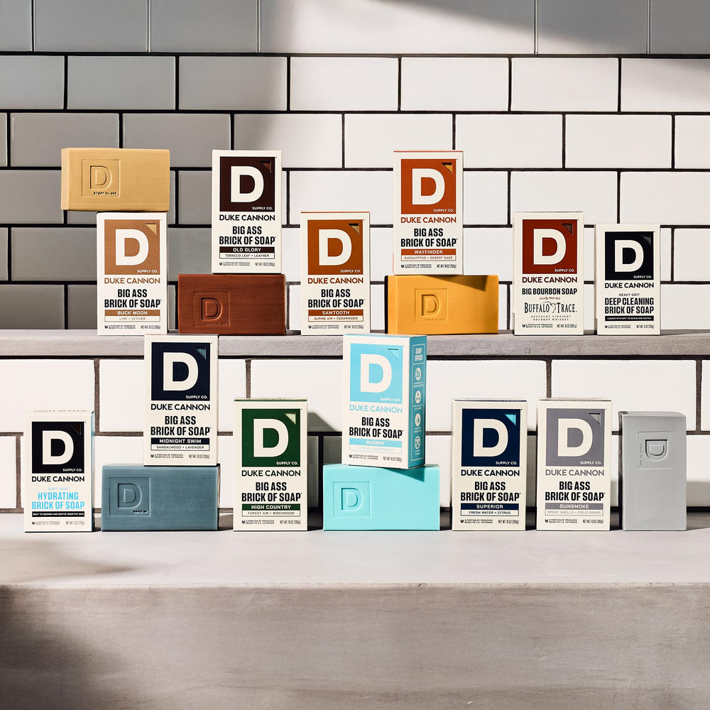 Gift-ready packaging of a six-bar Duke Cannon soap set.