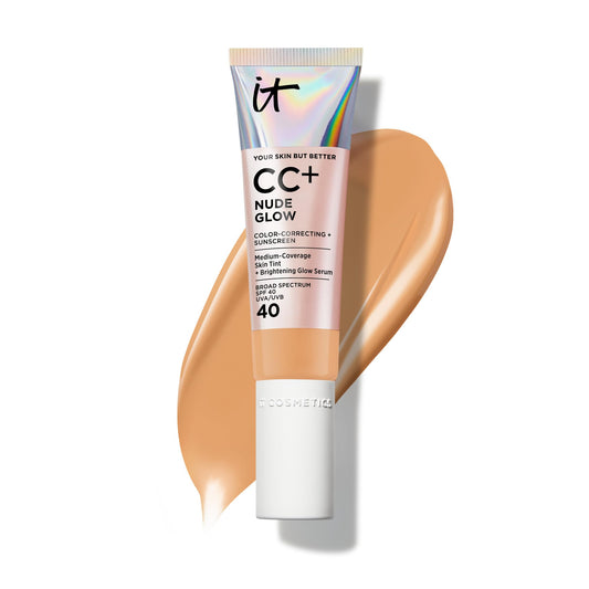 IT Cosmetics CC+ Nude Glow bottle with pump enables easy, lightweight application every day.