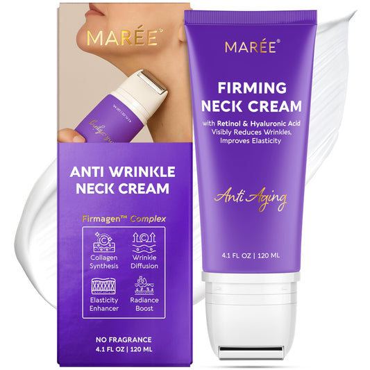 MAREE neck cream with face roller bottle close-up for hydration and lift