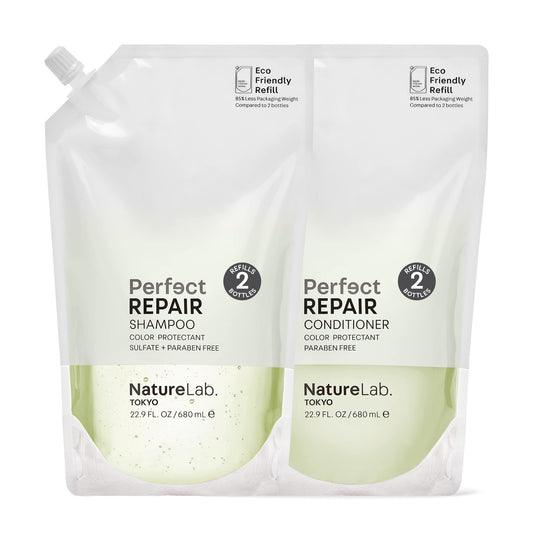 NatureLab.TOKYO Perfect Repair shampoo bottle pair boosts strength and shine.