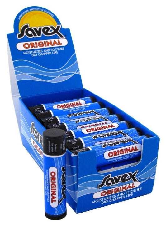Savex Original Chap Stick 24-count pack keeps lips moisturized for all-day comfort.