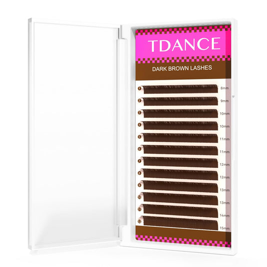 TDANCE dark brown lash extensions on color tray for natural blending.