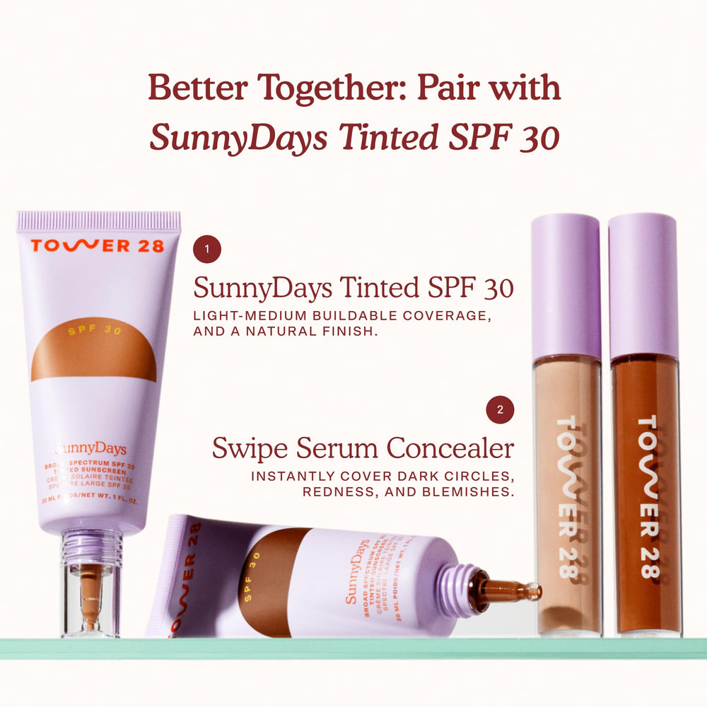 Tower 28 Swipe Serum Concealer swatch showing buildable medium to full coverage.