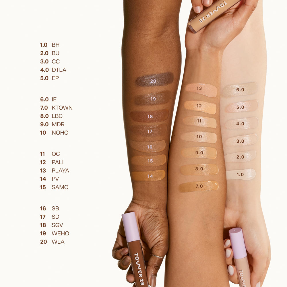Tower 28 Swipe Serum Concealer with hyaluronic acid for lasting hydration.