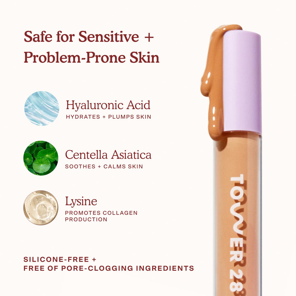 Tower 28 Swipe Serum Concealer under-eye swatch demonstrates brightening and even tone.