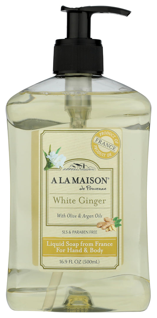 A LA MAISON White Ginger hand wash bottle front view with essential oils.