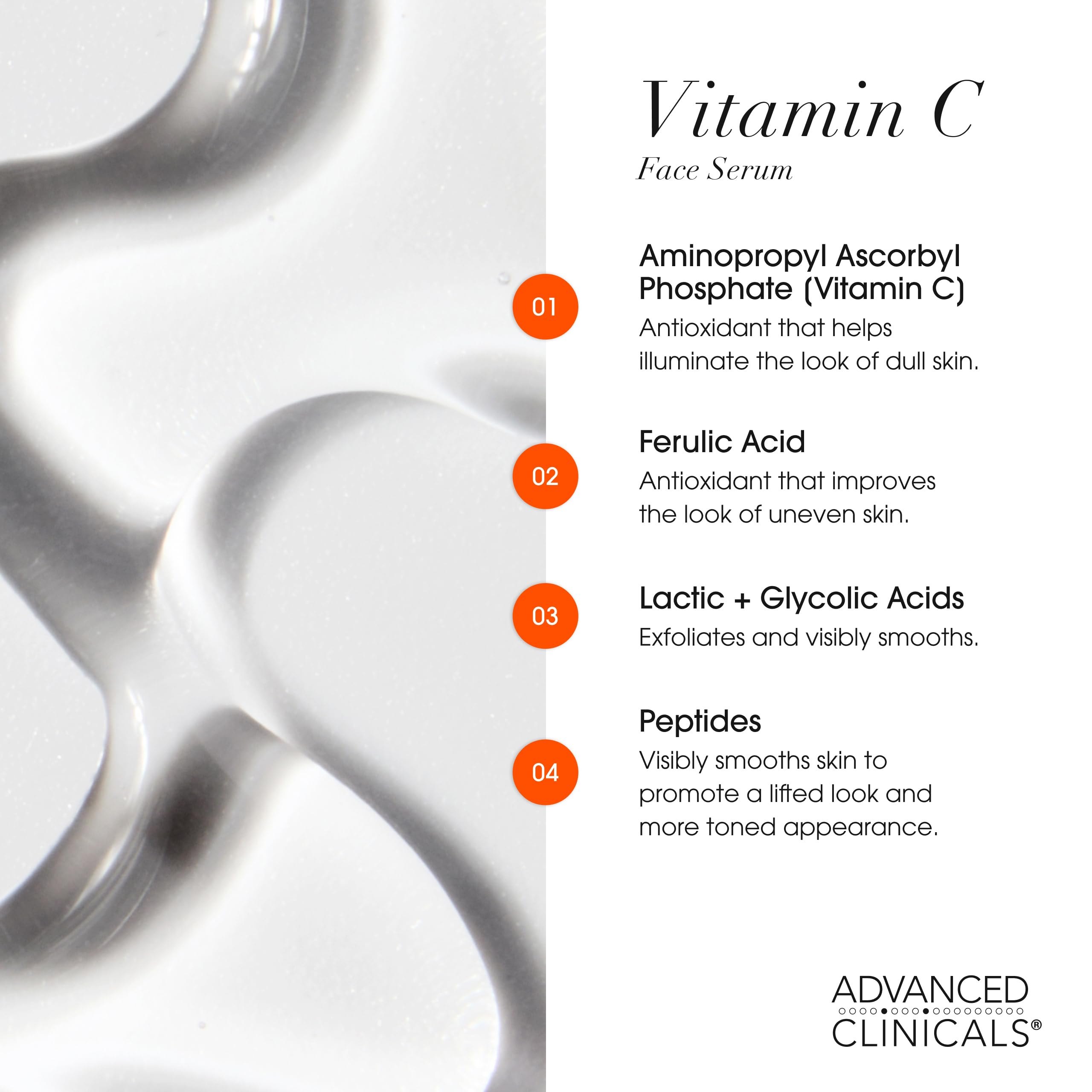 Advanced Clinicals glass bottles and packaging highlight dermatologist-tested skincare.