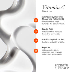 Advanced Clinicals glass bottles and packaging highlight dermatologist-tested skincare.
