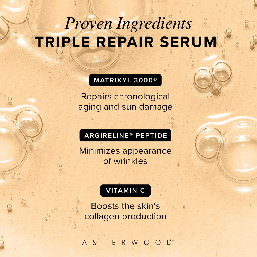 Asterwood Triple Repair Serum label close-up highlighting fragrance-free formula and clean ingredients.