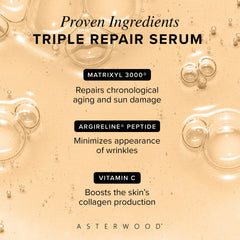 Asterwood Triple Repair Serum label close-up highlighting fragrance-free formula and clean ingredients.