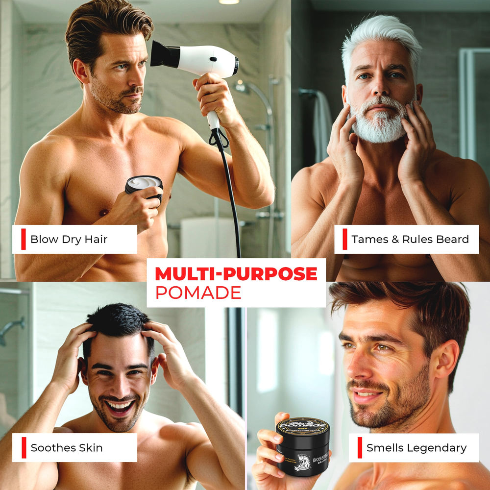 Bossman packaging and label signaling premium USA-made pomade for grooming.