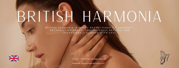 Advertisement for British Harmonia with a woman touching her neck, featuring the brand's logo and text.