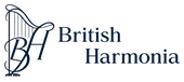 Logo of British Harmonia with a harp design on a white background