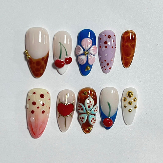 CTTHNBD almond press on nails cherry flower heart design adds stylish accent
