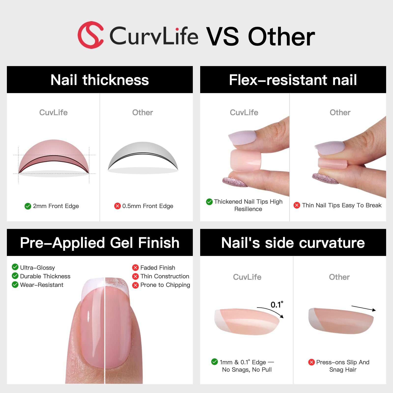 CurvLife short press-on nails offer zero-pressure wear for comfortable daily use.