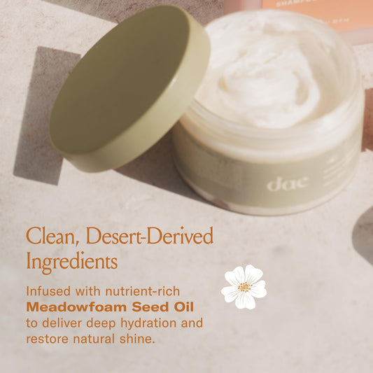 DAE Monsoon Moisture Mask packaging on table showcases vegan, sulfate-free formula.