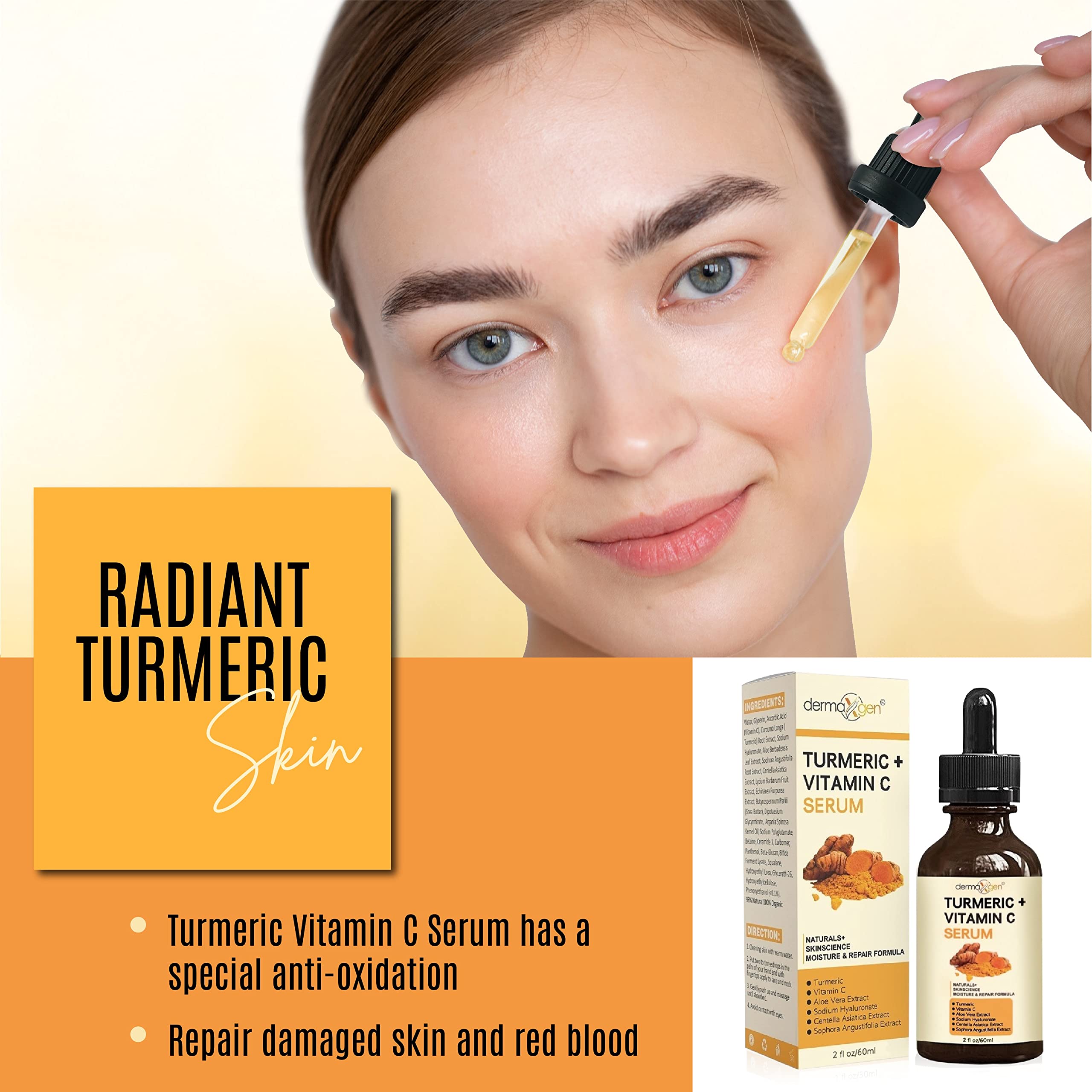 DERMAXGEN Turmeric Serum ingredients centella asiatica for calm-looking skin.