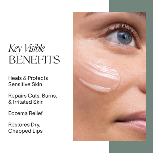 Doctor Rogers Restore Healing Balm texture closeup highlights smooth balm ideal for soothing dry patches.