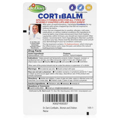 Dr. Dan's Cortibalm tube closeup highlighting smooth, quick-apply lip balm for cracked lips