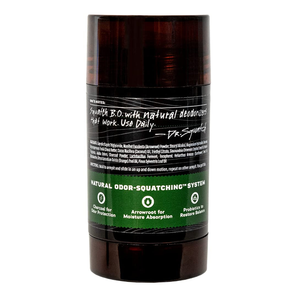 Packaging of Dr. Squatch deodorant emphasizing aluminum-free, natural protection.
