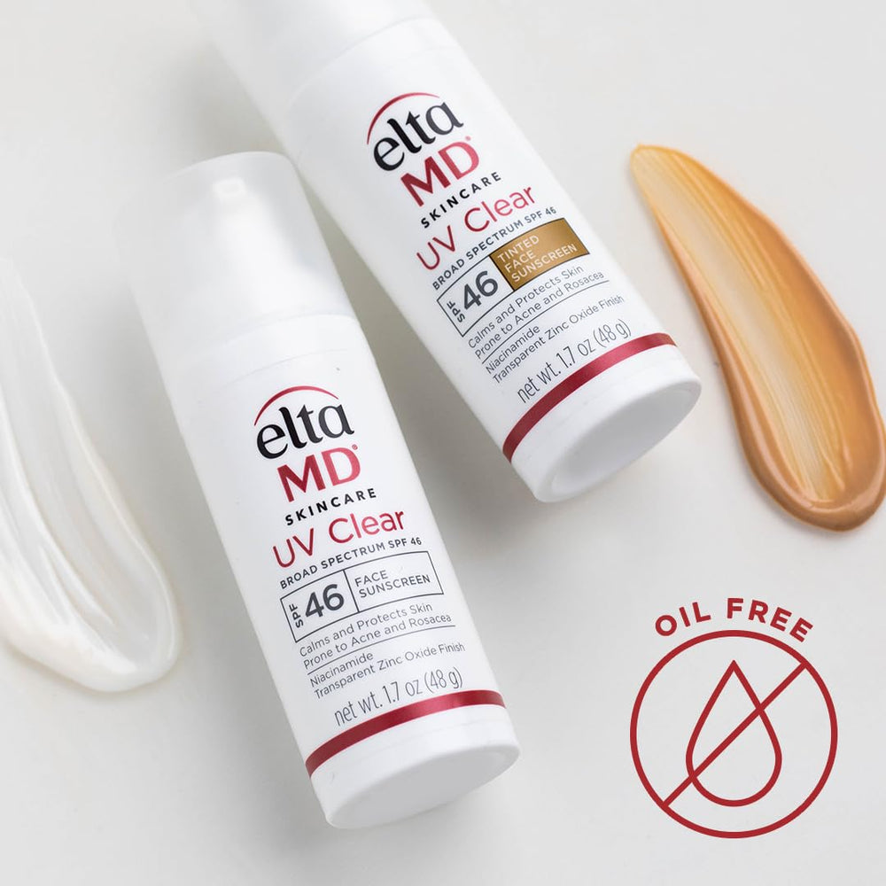Bottle of EltaMD UV Clear tinted sunscreen used as a makeup base for a smooth look.