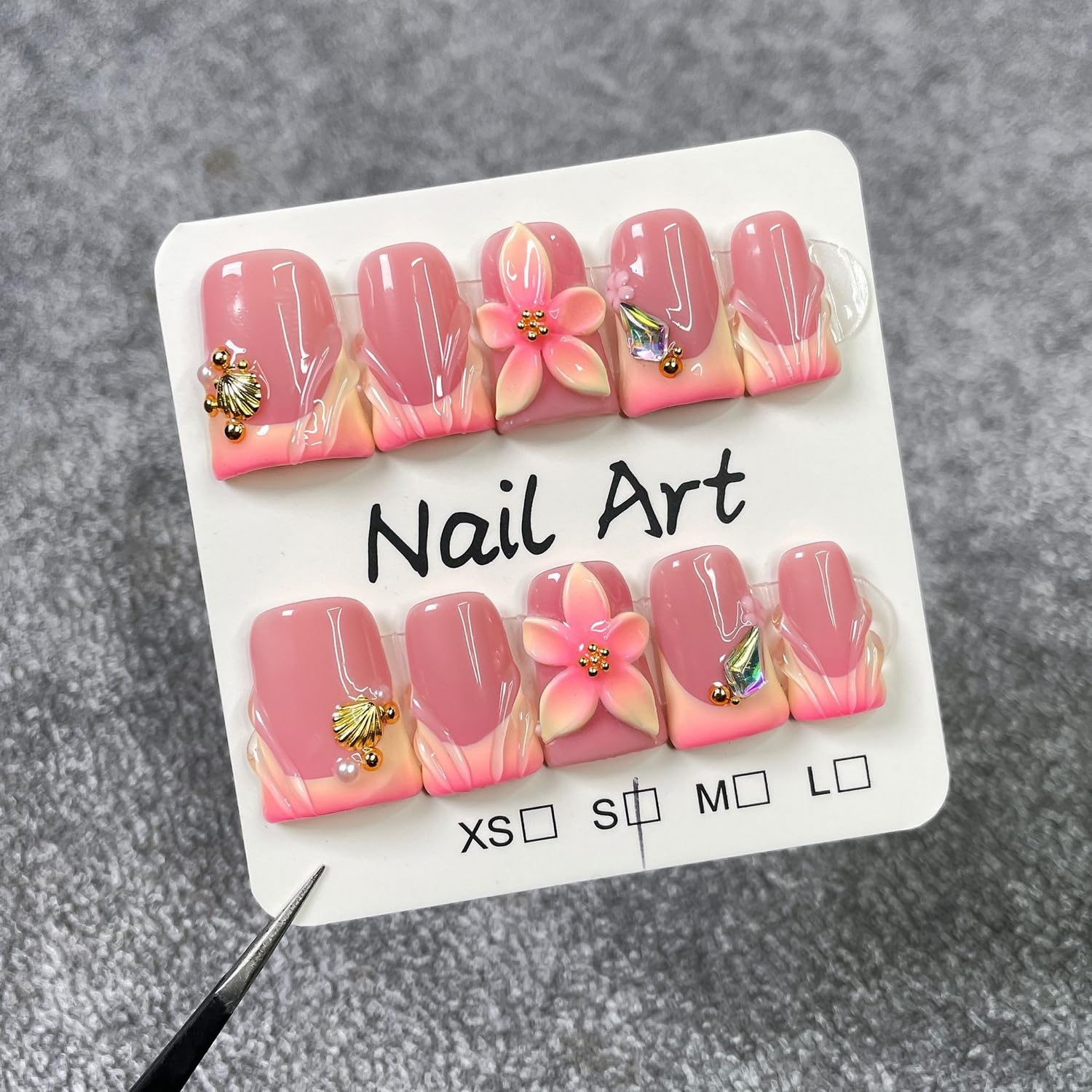 Flower press on nails showing gradient French tip for chic appeal.