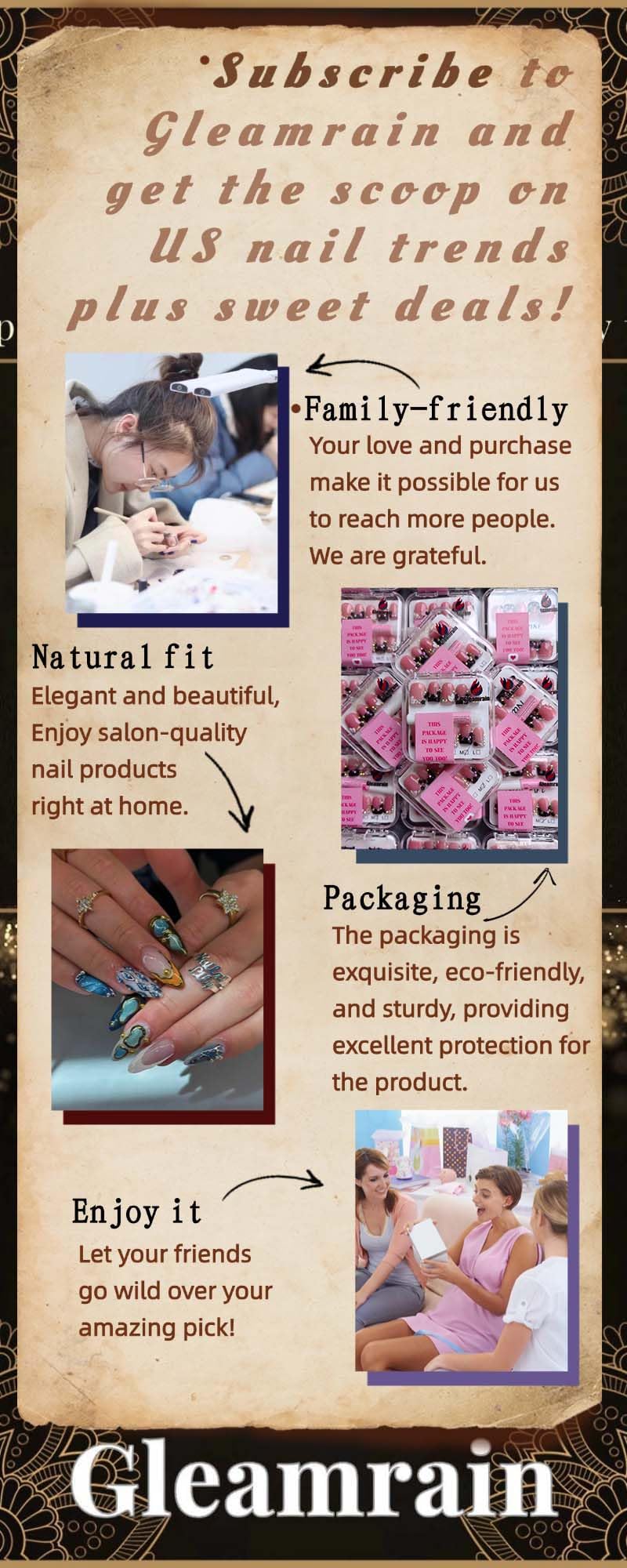 Gleamrain XXL press-on nails packaging display for easy at-home manicures.