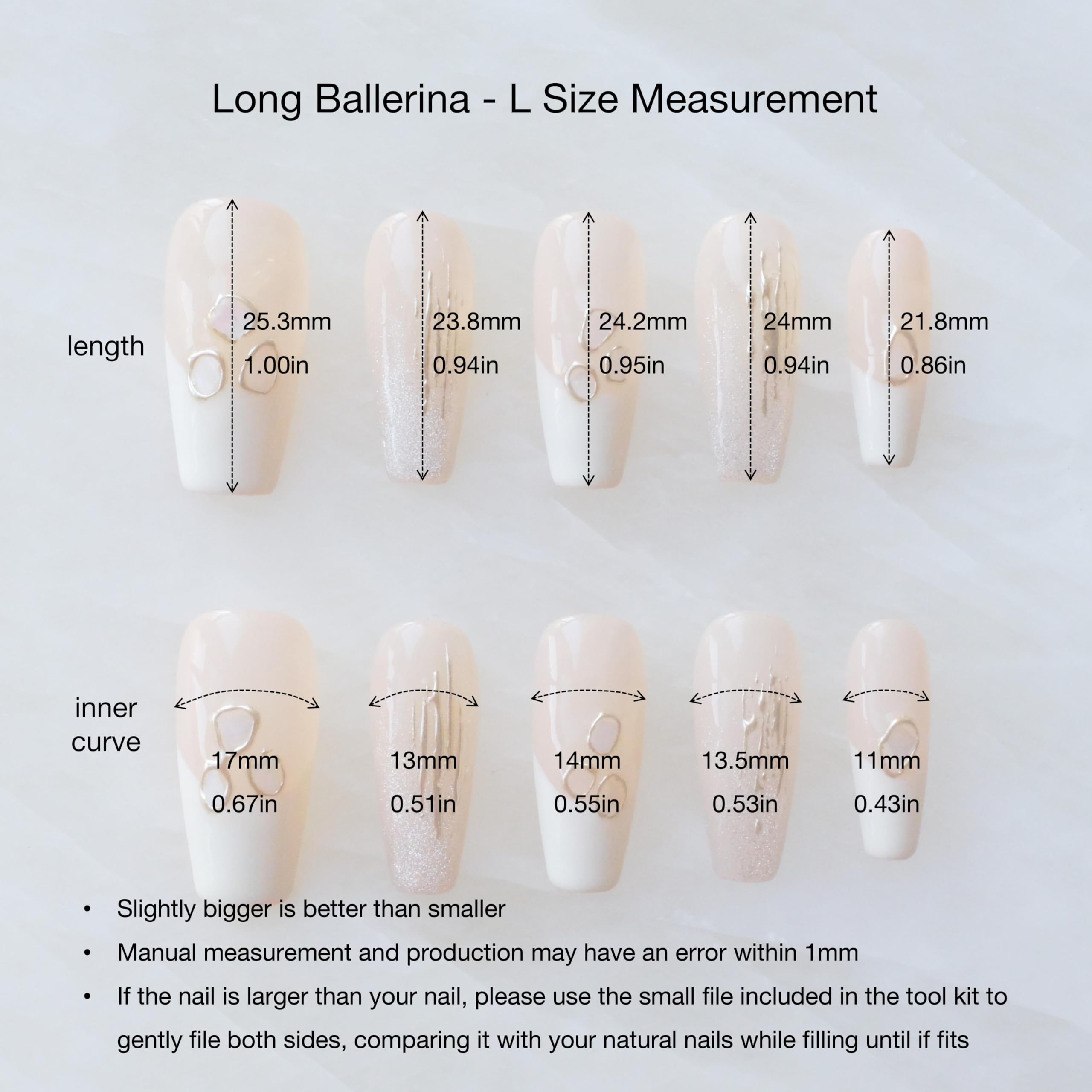 Includes 10 nail tips in assorted sizes for a snug fit