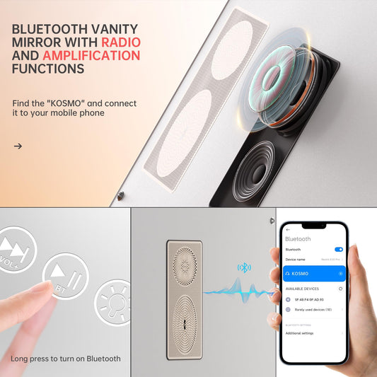 Hasipu vanity mirror with built-in Bluetooth speakers for music while applying makeup.