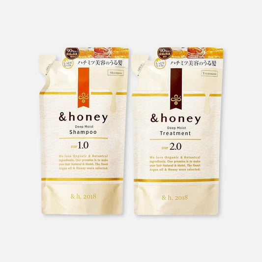 &-honey Deep Moist Shampoo bottle showcasing honey blend for hydrated hair.