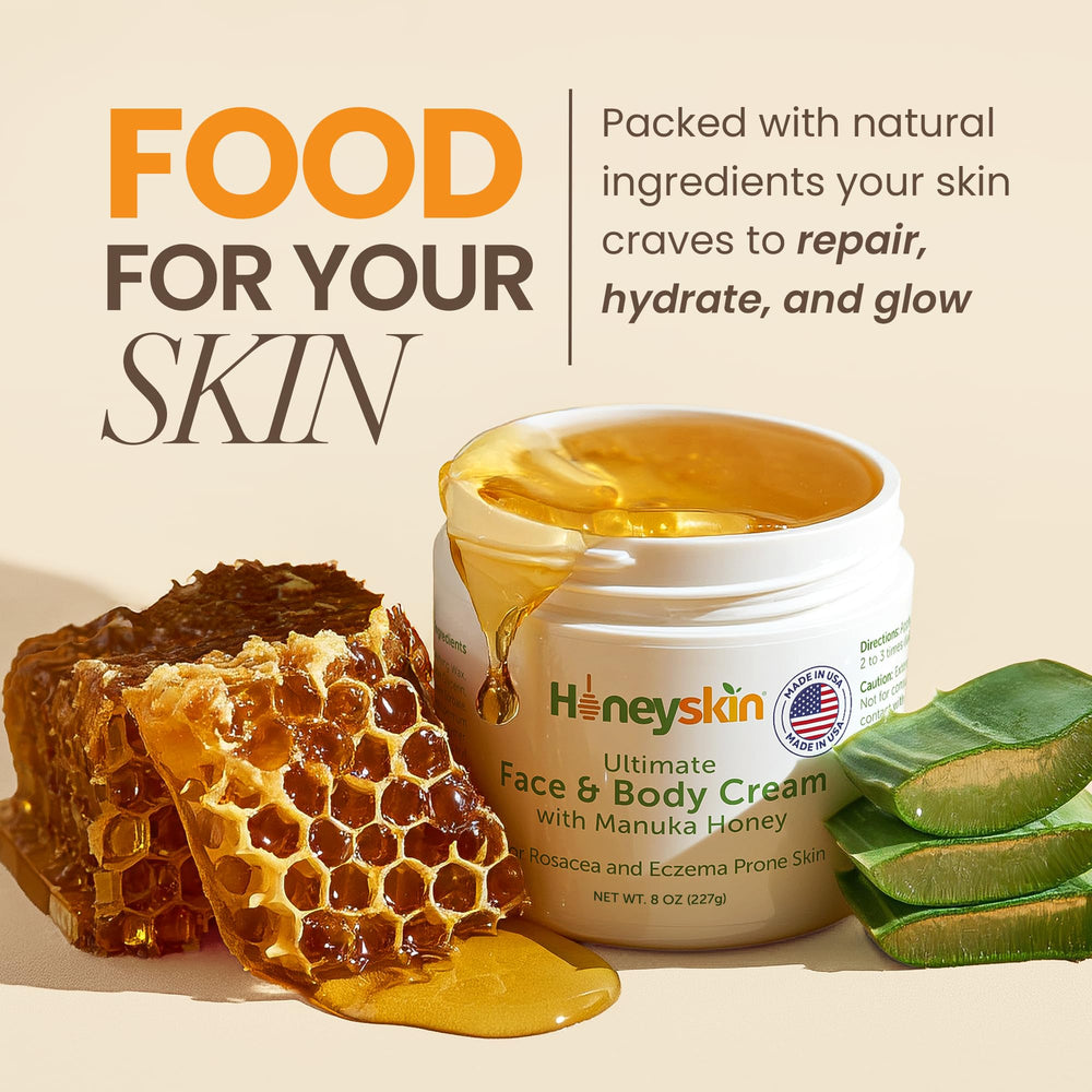 Honeyskin Manuka Honey Body Cream tub showing rich texture for dry skin.