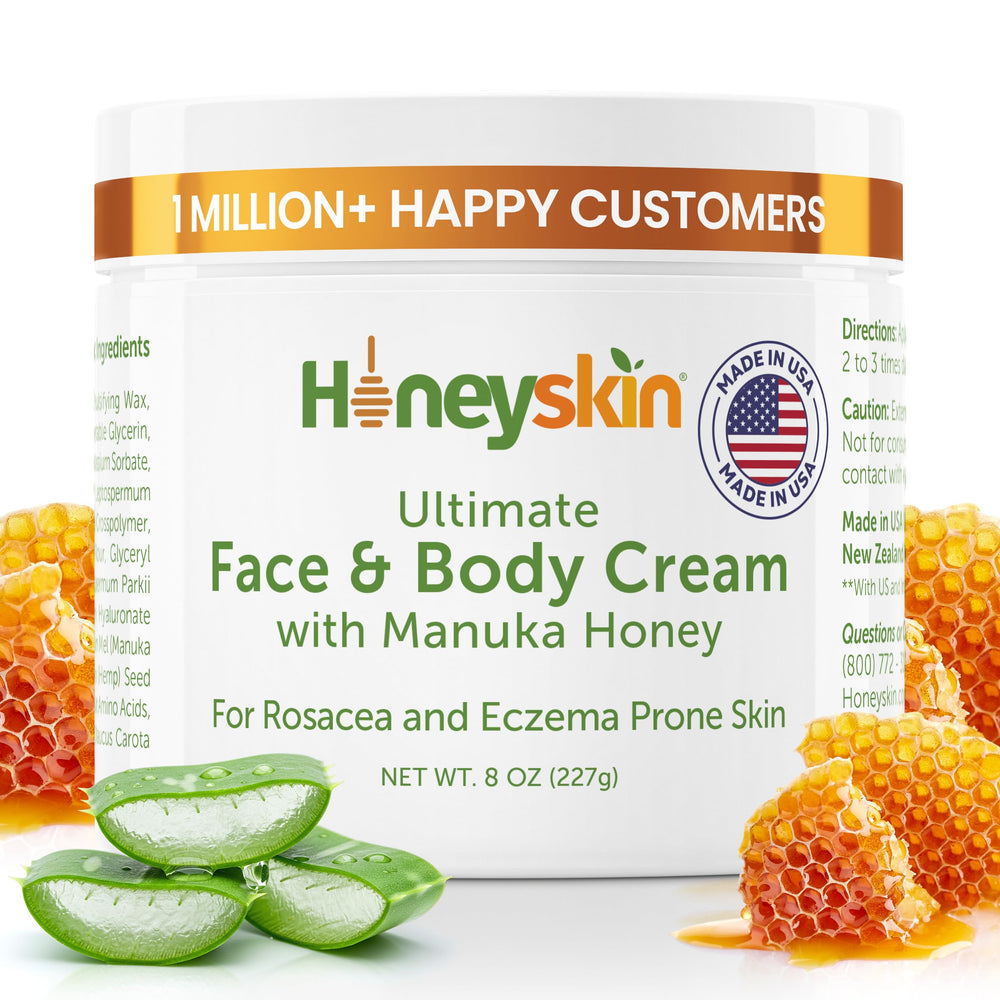 Honeyskin Manuka Honey Face Moisturizer jar; deep hydration for extremely dry skin.