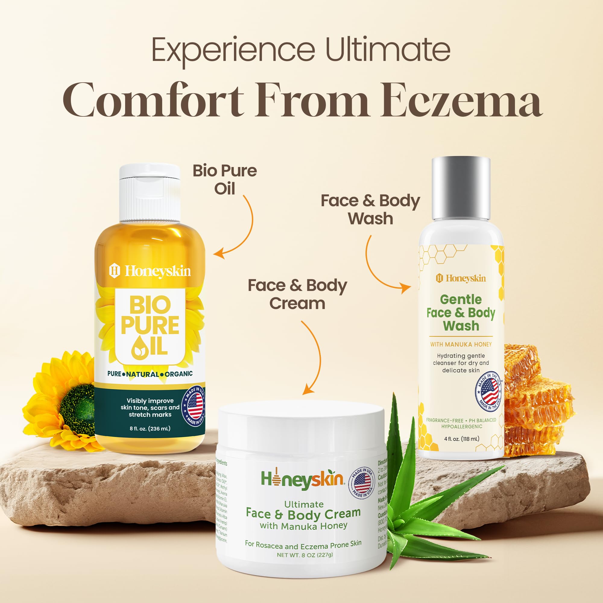 Honeyskin rosacea and eczema-prone skin care close-up.