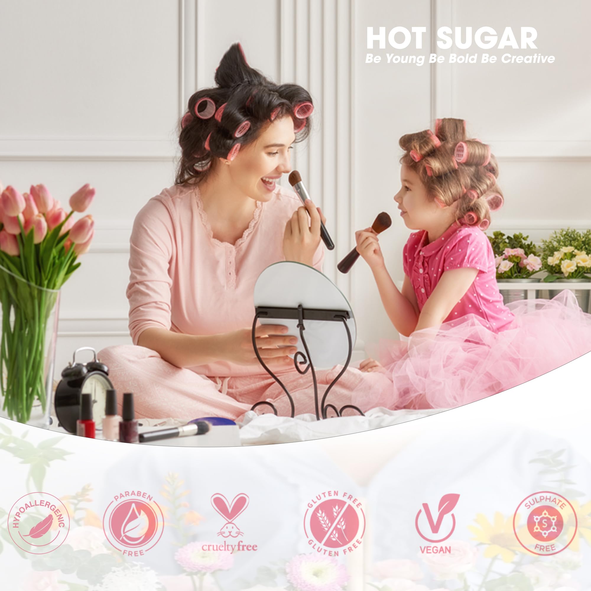 Hot Sugar lipstick, blush, and highlighter trio for a radiant finish.