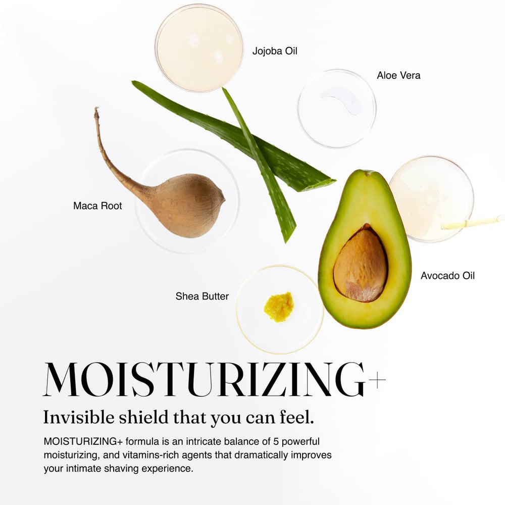 Visual of ingredients: jojoba oil, avocado oil, aloe vera, shea butter, maca root