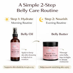 IRENE Organics belly butter application on skin demonstrates gentle massage.