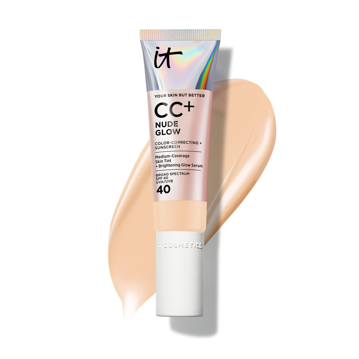 IT Cosmetics CC+ Nude Glow bottle highlights a lightweight, hydrating foundation with SPF 40.