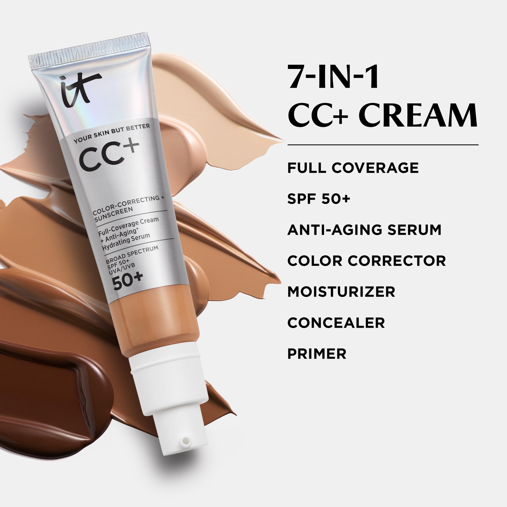 SPF 50+ indication on IT Cosmetics CC+ Cream Deep Bronze for daily outdoor protection.