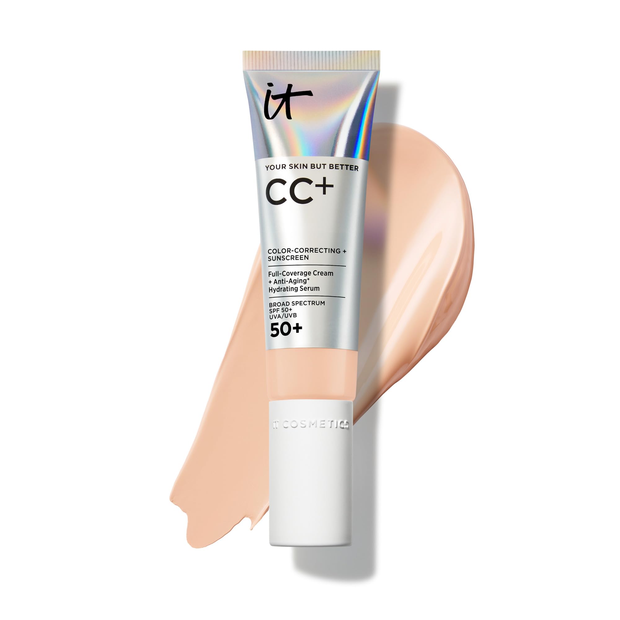 IT Cosmetics CC+ Cream bottle with pump provides SPF 50+ for all-day coverage.