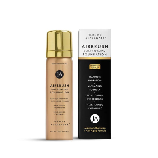Jerome Alexander Airbrush Foundation mist-application shows smooth, even skin.