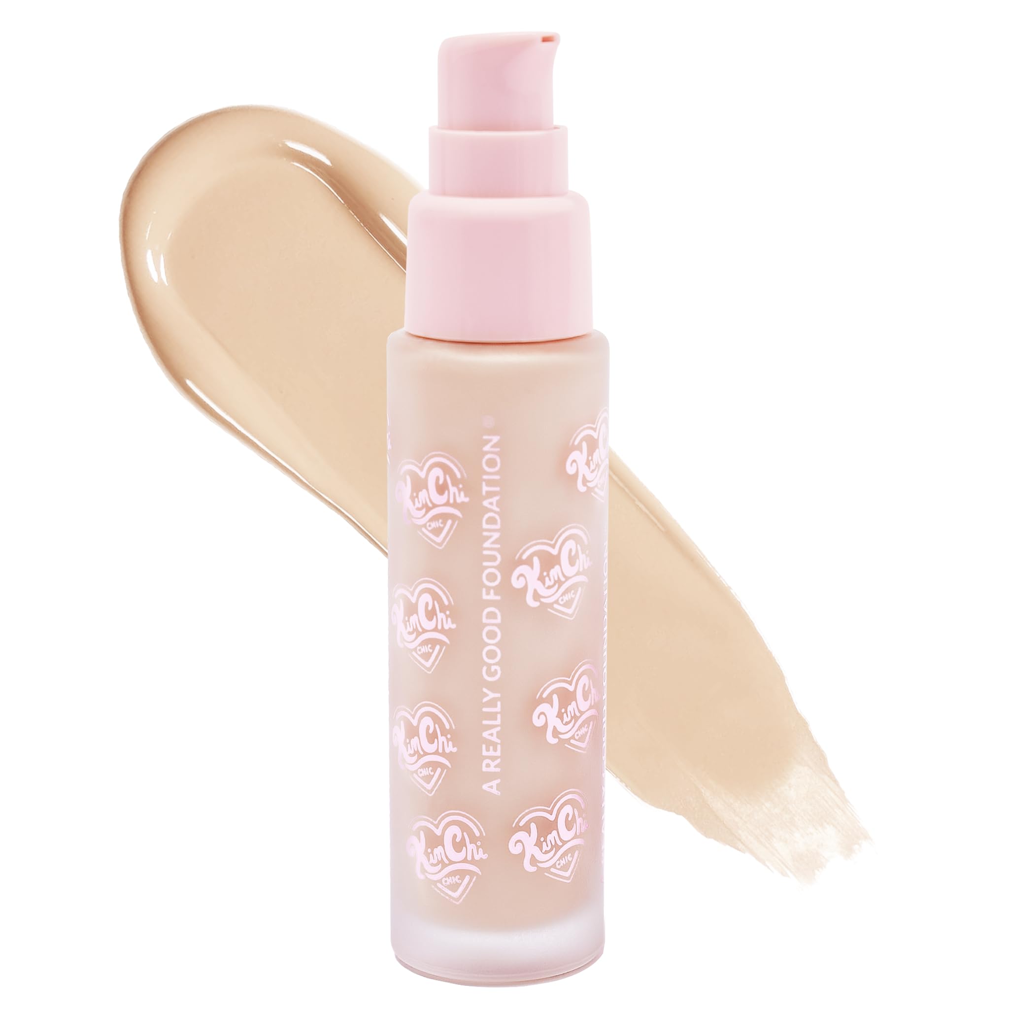 KimChiChic foundation bottle close-up highlights creamy texture for smooth everyday wear.