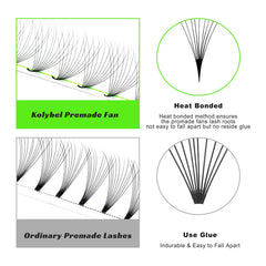 Kolybel premade fans with C curl for natural lift and smooth integration.