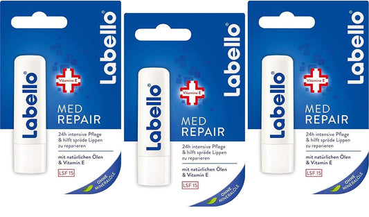 Labello Med Repair trio packaging showing nourishing lip care for dry lips