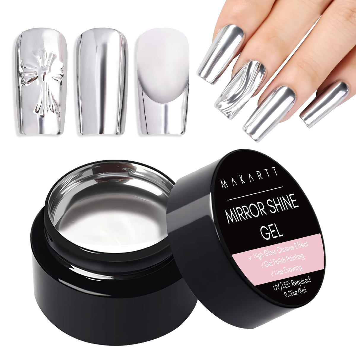 Makartt Mirror Shine Gel silver jar showing bright chrome finish for at-home nail artistry