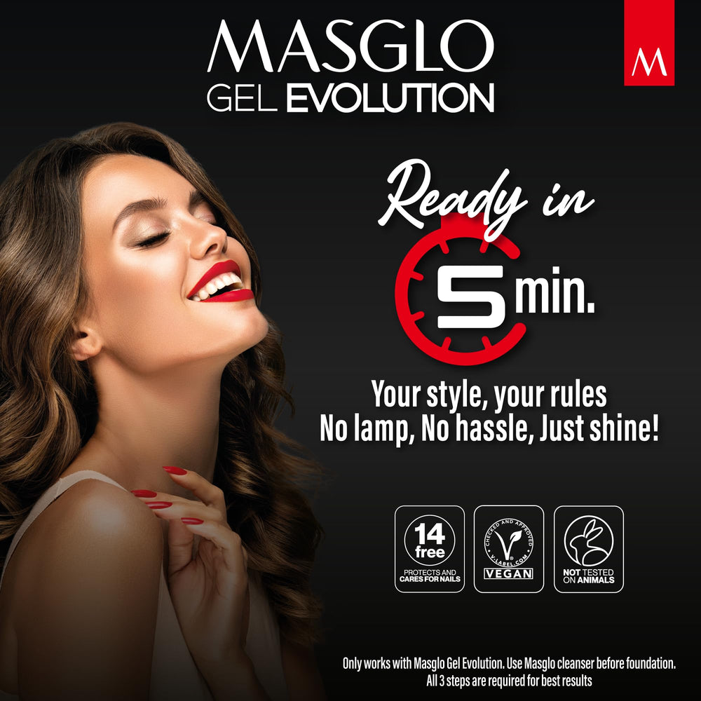 MASGLO Gel Evolution top coat gloss closeup emphasizes long-lasting finish