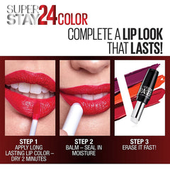 Maybelline Super Stay 24 final look, lipstick with gloss-like glide and long wear.