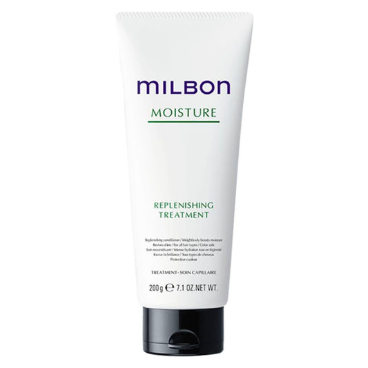 Milbon Moisture Replenishing Conditioner label highlights color-safe, cuticle-sealing formula